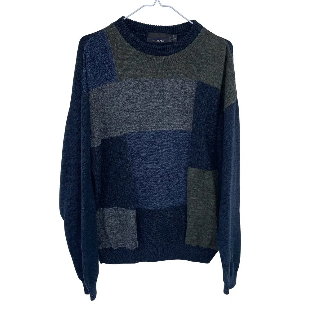 Vintage 90s‎ Bill Blass Mens Patchwork Knit Sweater Crewneck Large Colorblock